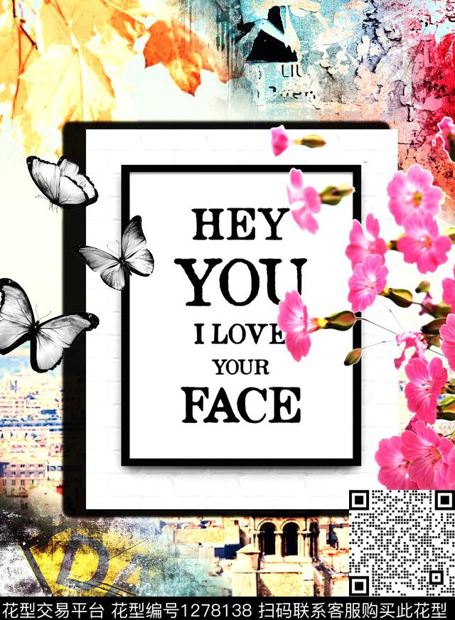 花卉字母蝴蝶数码印花华亿平台下载（图片编号: 1278138） - 瓦栏（Walan）
