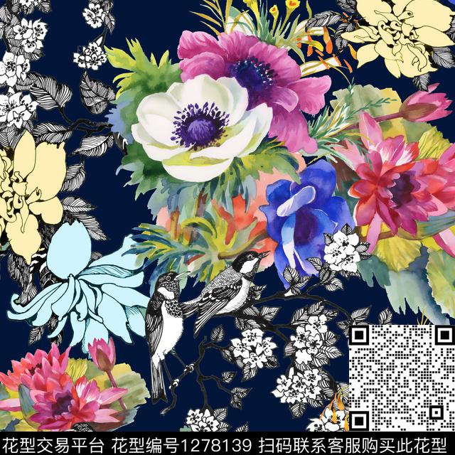 水彩花卉老蓝底数码印花华亿平台下载（图片编号: 1278139） - 瓦栏（Walan）