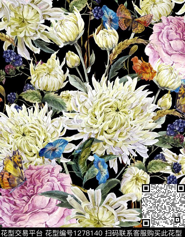 菊花水彩黑底花卉数码印花华亿平台下载（图片编号: 1278140） - 瓦栏（Walan）