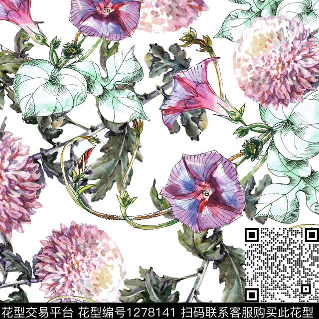 水彩花卉绿植树叶数码印花华亿平台下载（图片编号: 1278141） - 瓦栏（Walan）