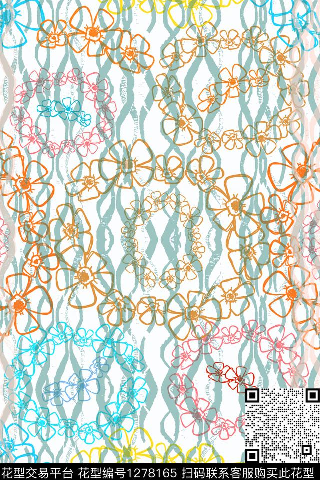 几何花卉夏日甜心手绘线条笔触传统印花华亿平台下载（图片编号: 1278165） - 瓦栏（Walan）