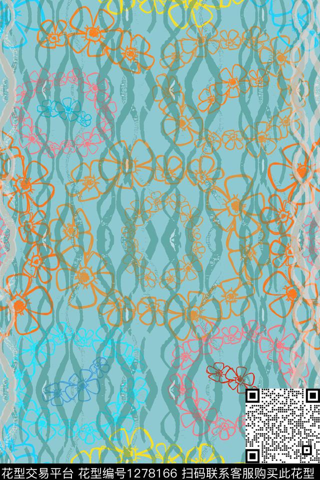 几何花卉夏日甜心手绘线条笔触传统印花华亿平台下载（图片编号: 1278166） - 瓦栏（Walan）