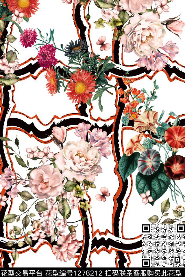 花卉大牌风条纹数码印花华亿平台下载（图片编号: 1278212） - 瓦栏（Walan）