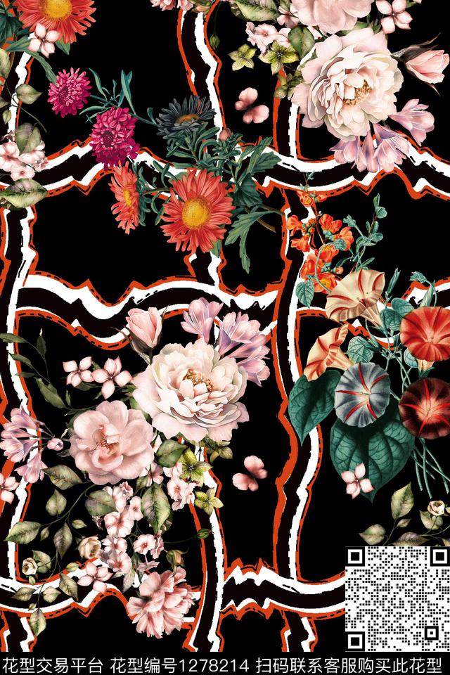 花卉大牌风条纹数码印花华亿平台下载（图片编号: 1278214） - 瓦栏（Walan）