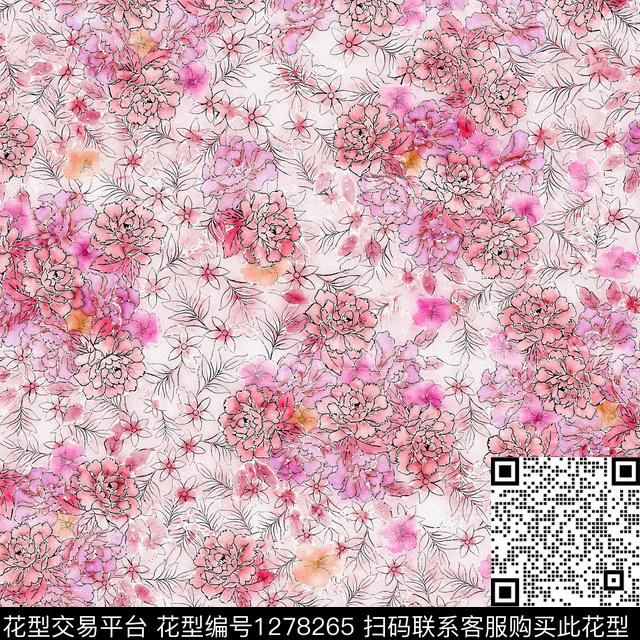 水彩花卉手绘数码印花华亿平台下载（图片编号: 1278265） - 瓦栏（Walan）