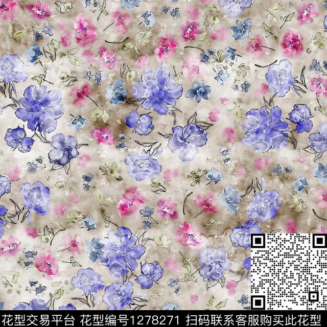 水彩花卉手绘数码印花华亿平台下载（图片编号: 1278271） - 瓦栏（Walan）