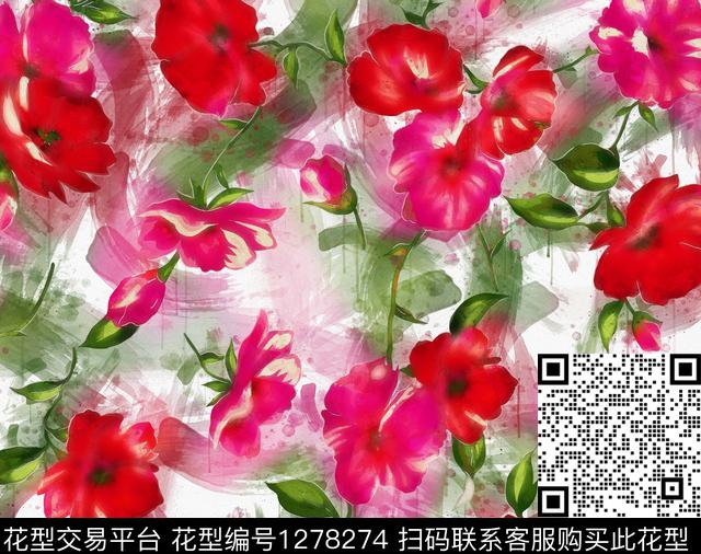 花卉手绘日系水墨数码印花华亿平台下载（图片编号: 1278274） - 瓦栏（Walan）