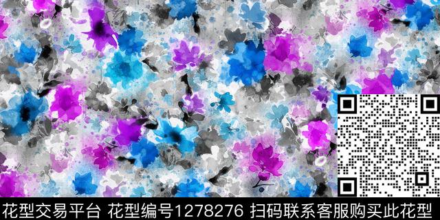 花卉手绘日系水墨数码印花华亿平台下载（图片编号: 1278276） - 瓦栏（Walan）