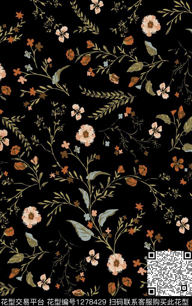 黑底花卉小碎花小叶子传统印花华亿平台下载（图片编号: 1278429） - 瓦栏（Walan）