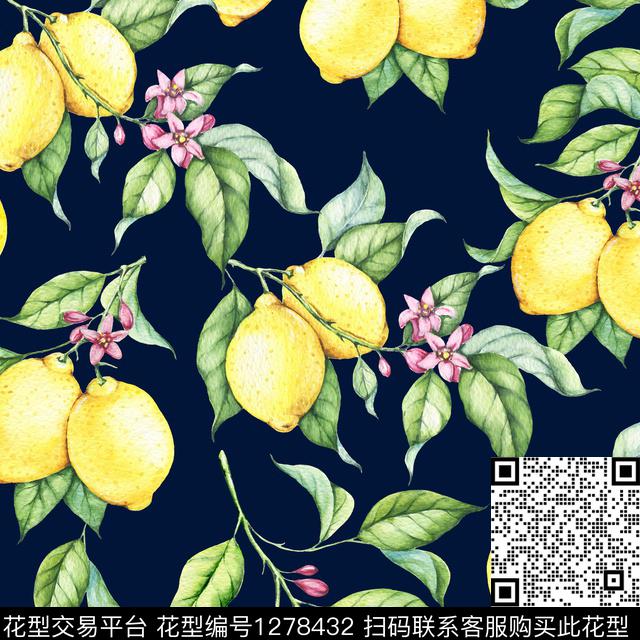 手绘柠檬老蓝底数码印花华亿平台下载（图片编号: 1278432） - 瓦栏（Walan）