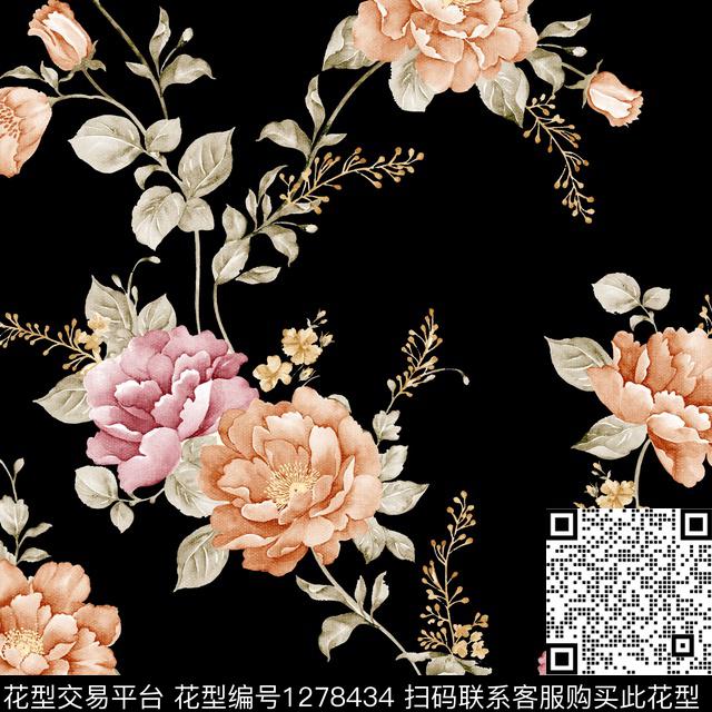 手绘牡丹黑底花卉数码印花华亿平台下载（图片编号: 1278434） - 瓦栏（Walan）