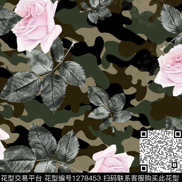 玫瑰花迷彩底绿植树叶数码印花华亿平台下载（图片编号: 1278453） - 瓦栏（Walan）