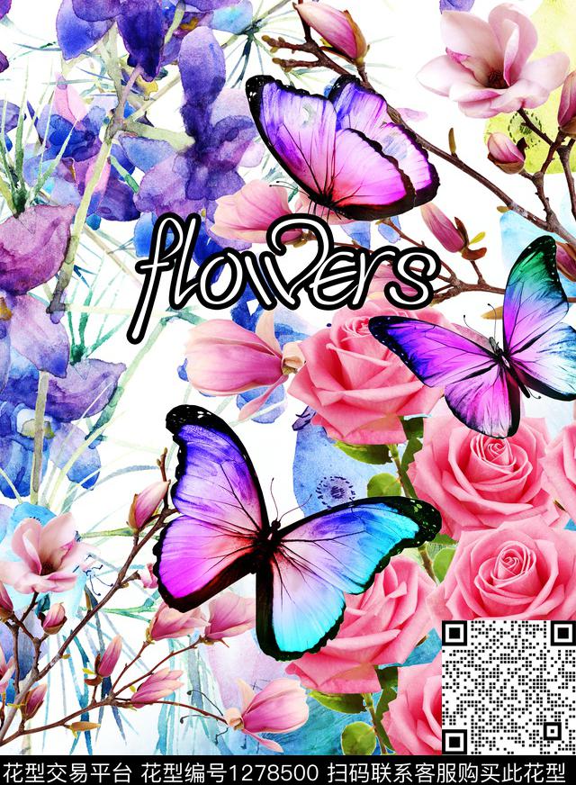 玫瑰花定位花字母数码印花华亿平台下载（图片编号: 1278500） - 瓦栏（Walan）