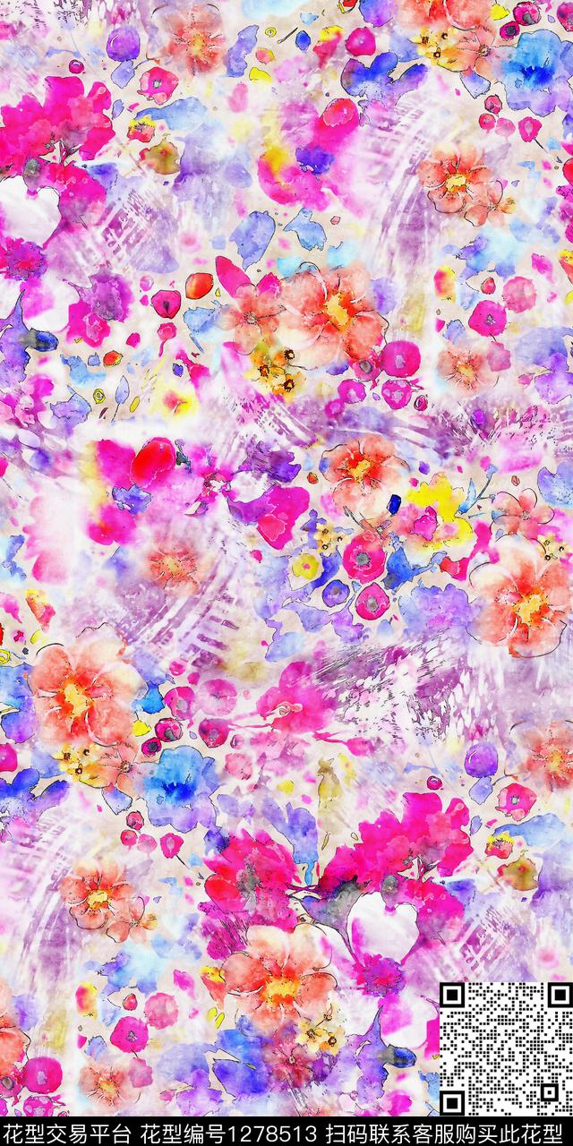水彩花卉手绘数码印花华亿平台下载（图片编号: 1278513） - 瓦栏（Walan）