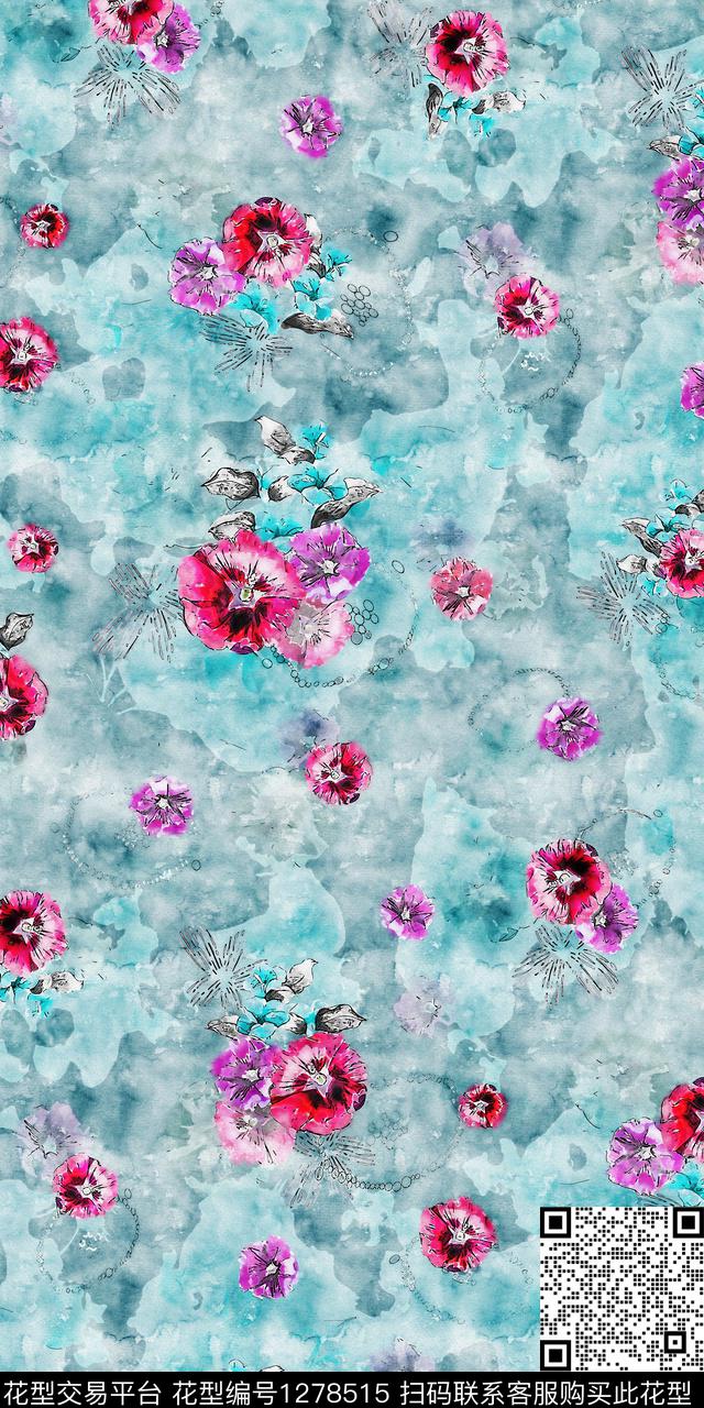 水彩花卉手绘数码印花华亿平台下载（图片编号: 1278515） - 瓦栏（Walan）