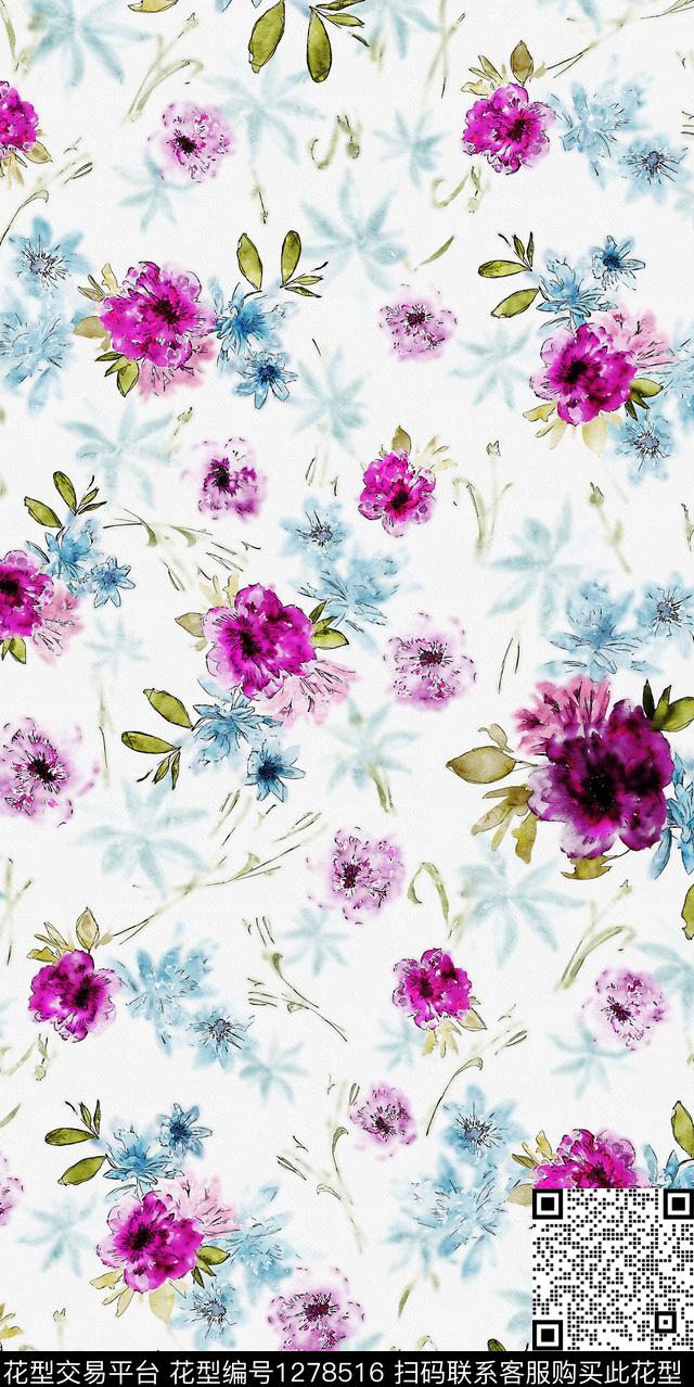 水彩花卉手绘数码印花华亿平台下载（图片编号: 1278516） - 瓦栏（Walan）