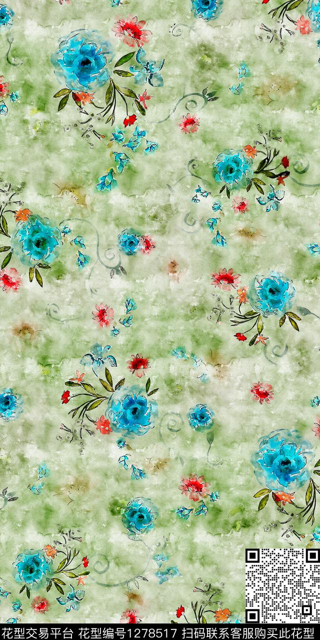 水彩花卉手绘数码印花华亿平台下载（图片编号: 1278517） - 瓦栏（Walan）
