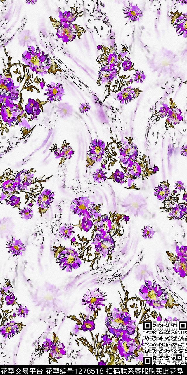 水彩花卉手绘数码印花华亿平台下载（图片编号: 1278518） - 瓦栏（Walan）