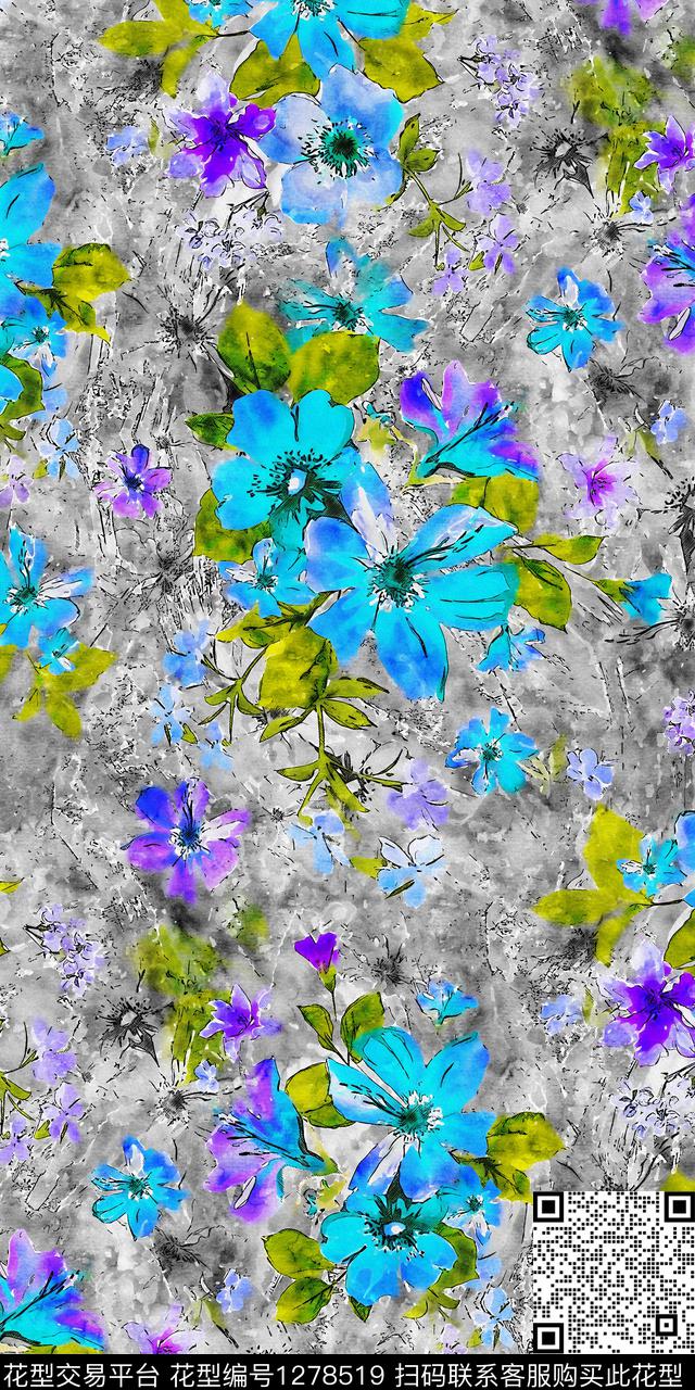 水彩花卉手绘数码印花华亿平台下载（图片编号: 1278519） - 瓦栏（Walan）