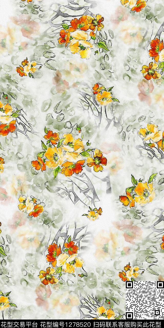 水彩花卉手绘数码印花华亿平台下载（图片编号: 1278520） - 瓦栏（Walan）