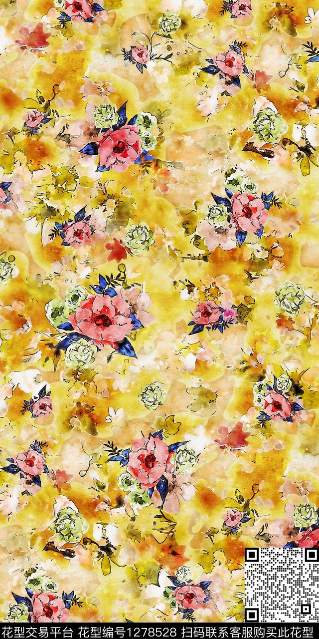 水彩花卉手绘数码印花华亿平台下载（图片编号: 1278528） - 瓦栏（Walan）