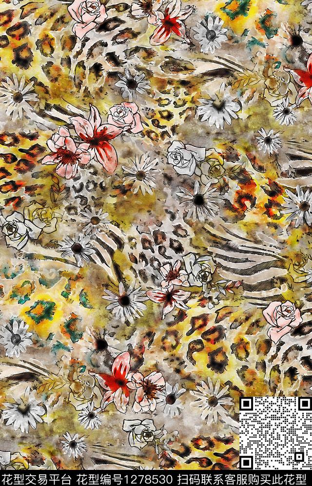 水彩豹纹花卉数码印花华亿平台下载（图片编号: 1278530） - 瓦栏（Walan）