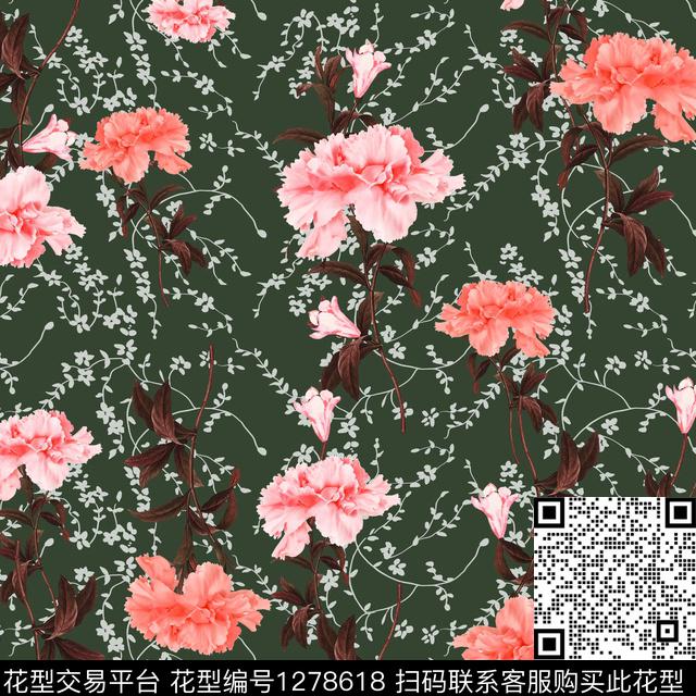 粉红花卉绿植树叶军绿底数码印花华亿平台下载（图片编号: 1278618） - 瓦栏（Walan）