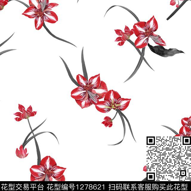 清爽红花白底花数码印花华亿平台下载（图片编号: 1278621） - 瓦栏（Walan）
