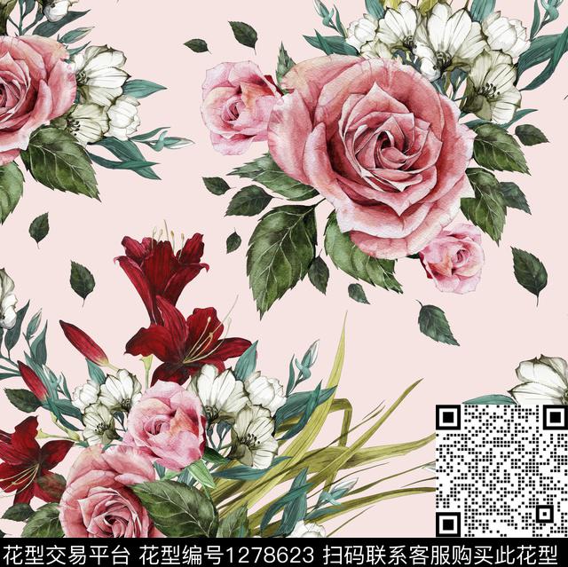 玫瑰花手绘粉底数码印花华亿平台下载（图片编号: 1278623） - 瓦栏（Walan）