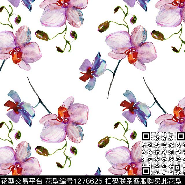 水彩花卉白底花数码印花华亿平台下载（图片编号: 1278625） - 瓦栏（Walan）