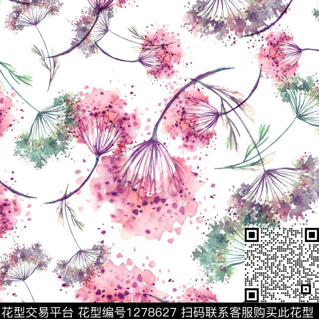 水彩花卉白底花数码印花华亿平台下载（图片编号: 1278627） - 瓦栏（Walan）