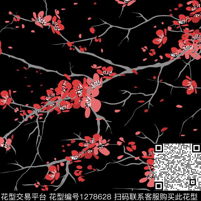 黑底花卉花卉抽象传统印花华亿平台下载（图片编号: 1278628） - 瓦栏（Walan）