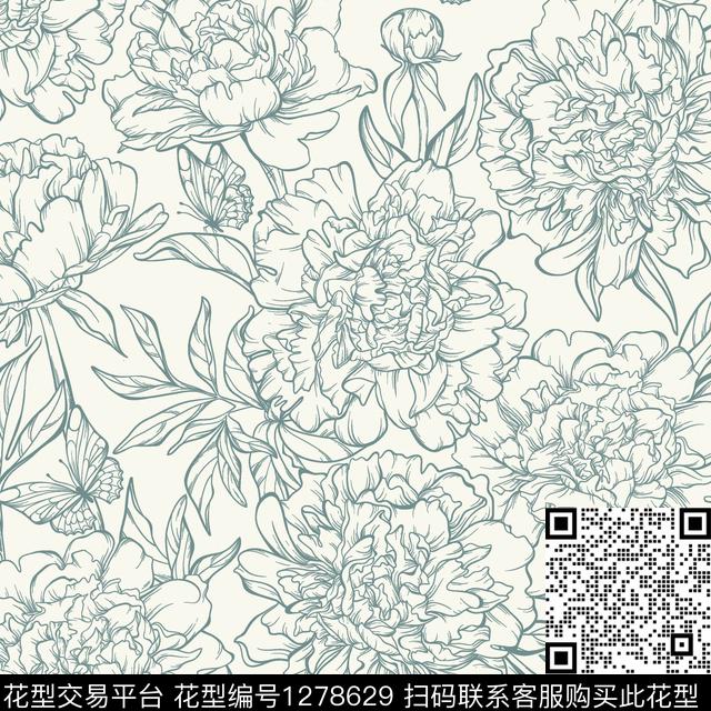 素描牡丹米色底传统印花华亿平台下载（图片编号: 1278629） - 瓦栏（Walan）