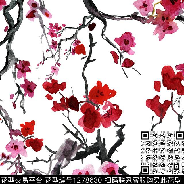 花卉水墨风白底花数码印花华亿平台下载（图片编号: 1278630） - 瓦栏（Walan）