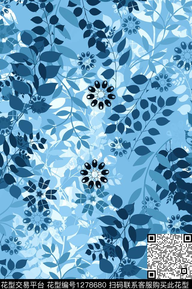 抽象花卉蓝色女装传统印花华亿平台下载（图片编号: 1278680） - 瓦栏（Walan）