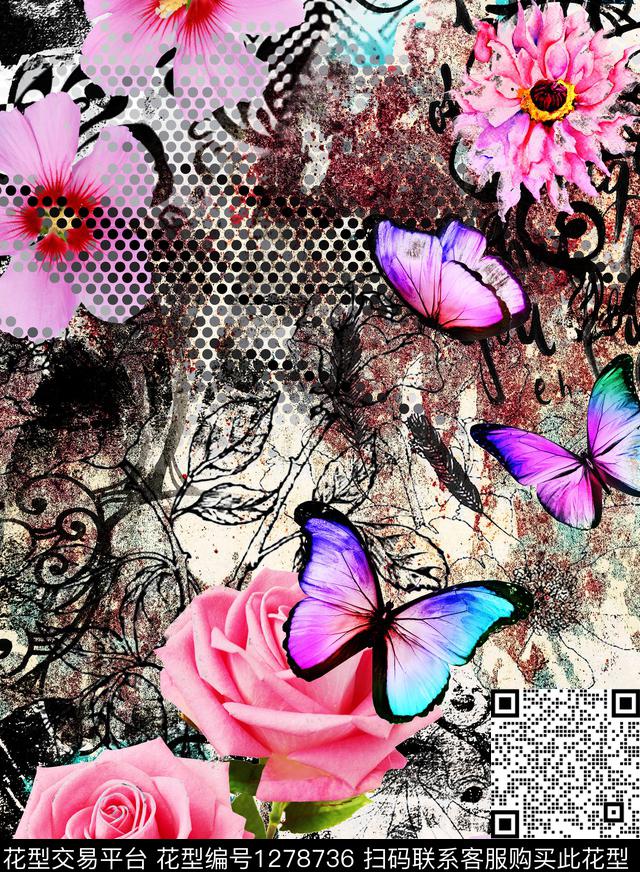 玫瑰花蝴蝶定位花数码印花华亿平台下载（图片编号: 1278736） - 瓦栏（Walan）