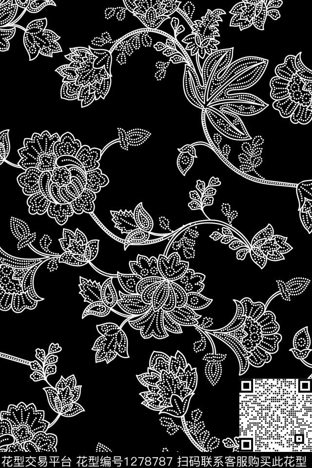 黑底花卉数码华亿平台几何数码印花华亿平台下载（图片编号: 1278787） - 瓦栏（Walan）