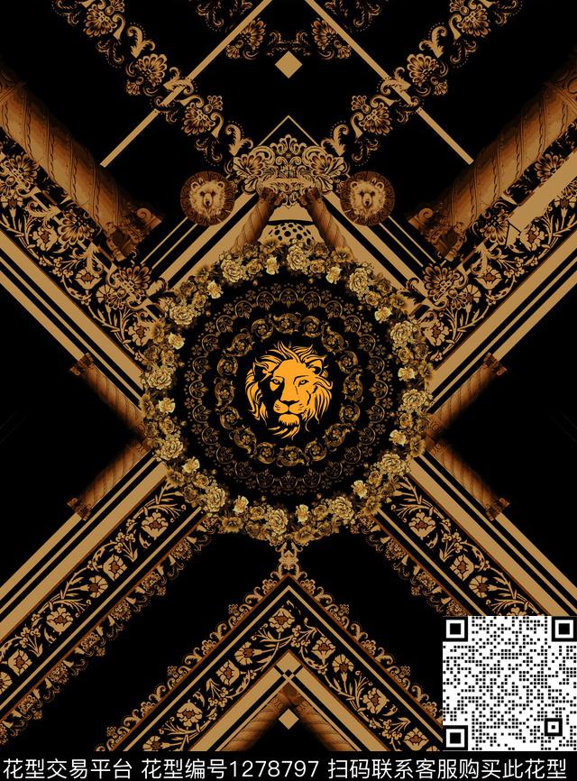 复古罗马石柱欧洲条纹手绘狮子头数码印花华亿平台下载（图片编号: 1278797） - 瓦栏（Walan）