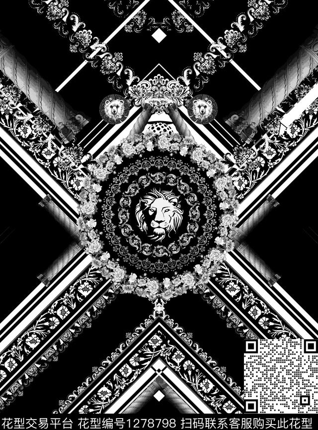 复古罗马石柱欧洲条纹手绘狮子头数码印花华亿平台下载（图片编号: 1278798） - 瓦栏（Walan）