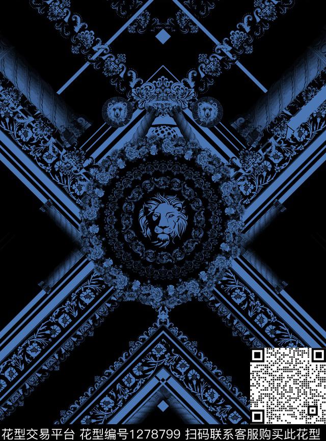 复古罗马石柱欧洲条纹手绘狮子头数码印花华亿平台下载（图片编号: 1278799） - 瓦栏（Walan）