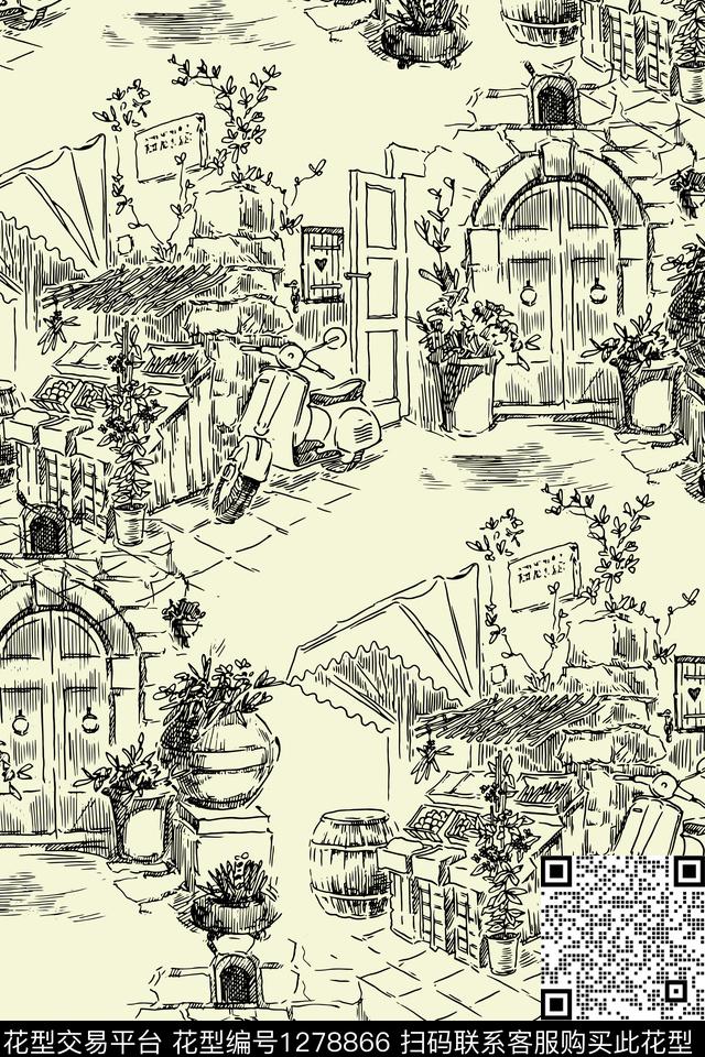 素描街头风景景观数码印花华亿平台下载（图片编号: 1278866） - 瓦栏（Walan）