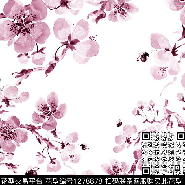 花卉手绘白底花数码印花华亿平台下载（图片编号: 1278878） - 瓦栏（Walan）