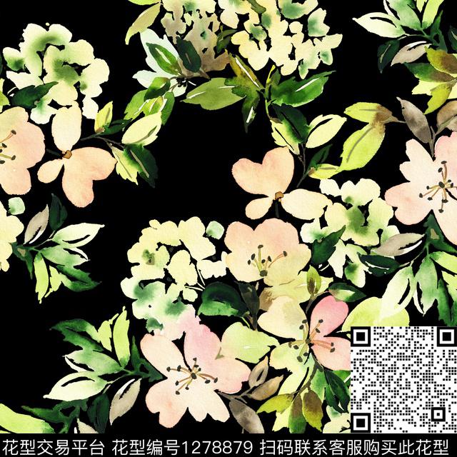 水彩花卉黑底花卉数码印花华亿平台下载（图片编号: 1278879） - 瓦栏（Walan）