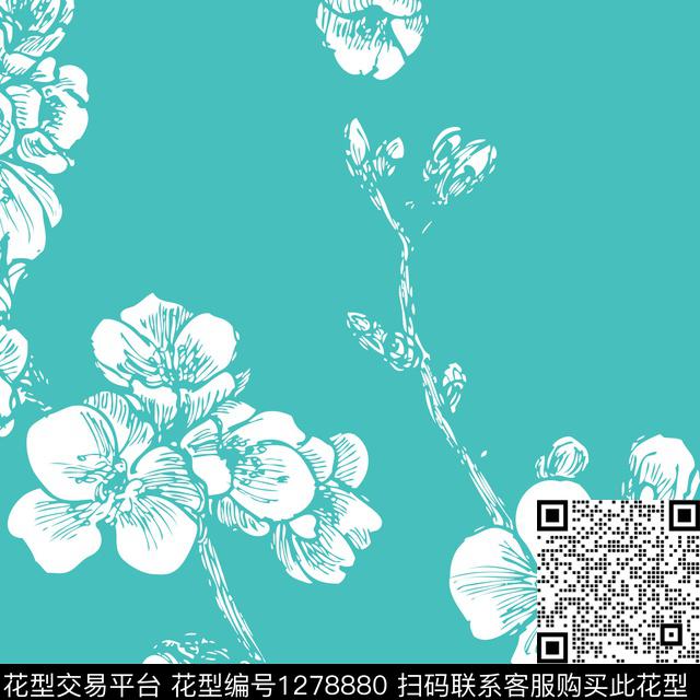 花卉素描水绿底传统印花华亿平台下载（图片编号: 1278880） - 瓦栏（Walan）