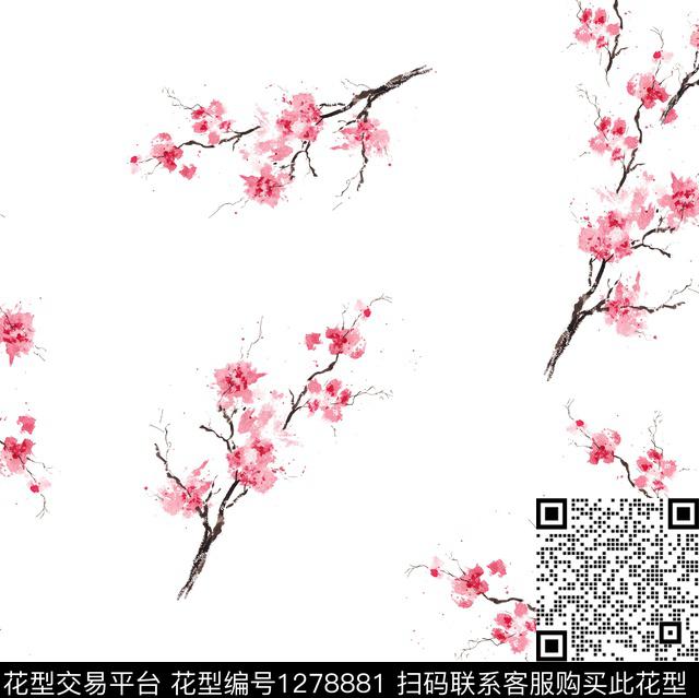 水彩花卉白底花数码印花华亿平台下载（图片编号: 1278881） - 瓦栏（Walan）