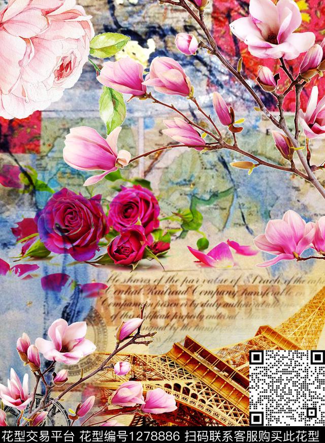 花卉铁塔定位花数码印花华亿平台下载（图片编号: 1278886） - 瓦栏（Walan）