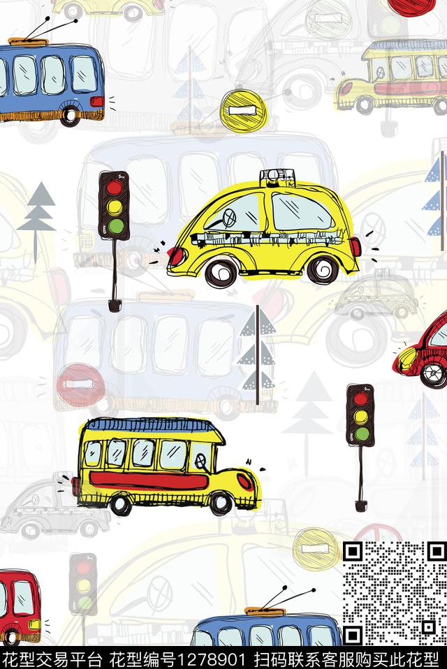 简约卡通小汽车传统印花华亿平台下载（图片编号: 1278901） - 瓦栏（Walan）
