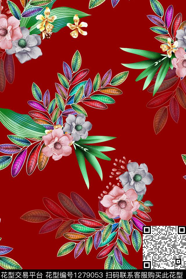 数码华亿平台手绘绿植树叶数码印花华亿平台下载（图片编号: 1279053） - 瓦栏（Walan）