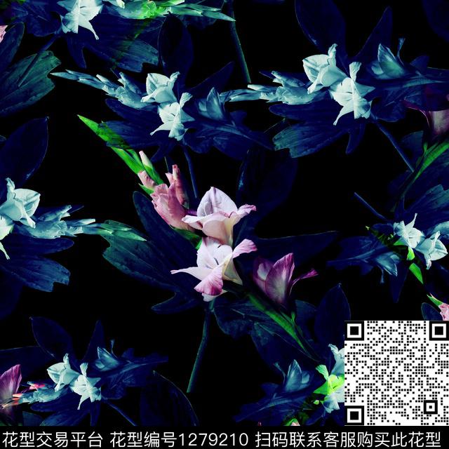 花卉黑底花卉深色数码印花华亿平台下载（图片编号: 1279210） - 瓦栏（Walan）