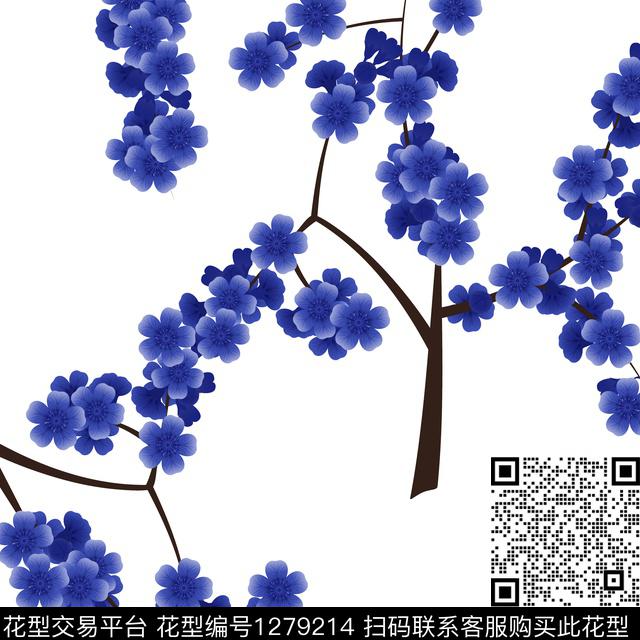 抽象蓝色小花白底花数码印花华亿平台下载（图片编号: 1279214） - 瓦栏（Walan）
